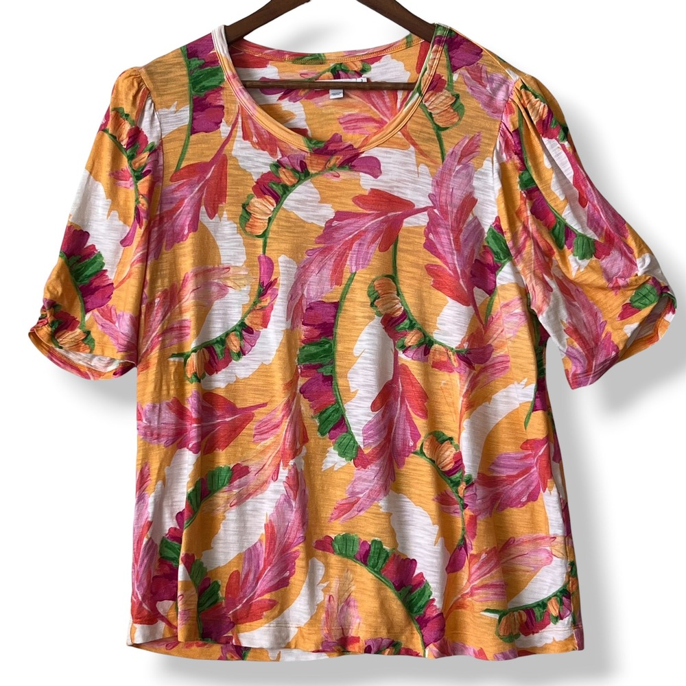 Chico's Tropical Floral Top 3 XL Orange Pink Ruched Short Sleeve Vacation Resort